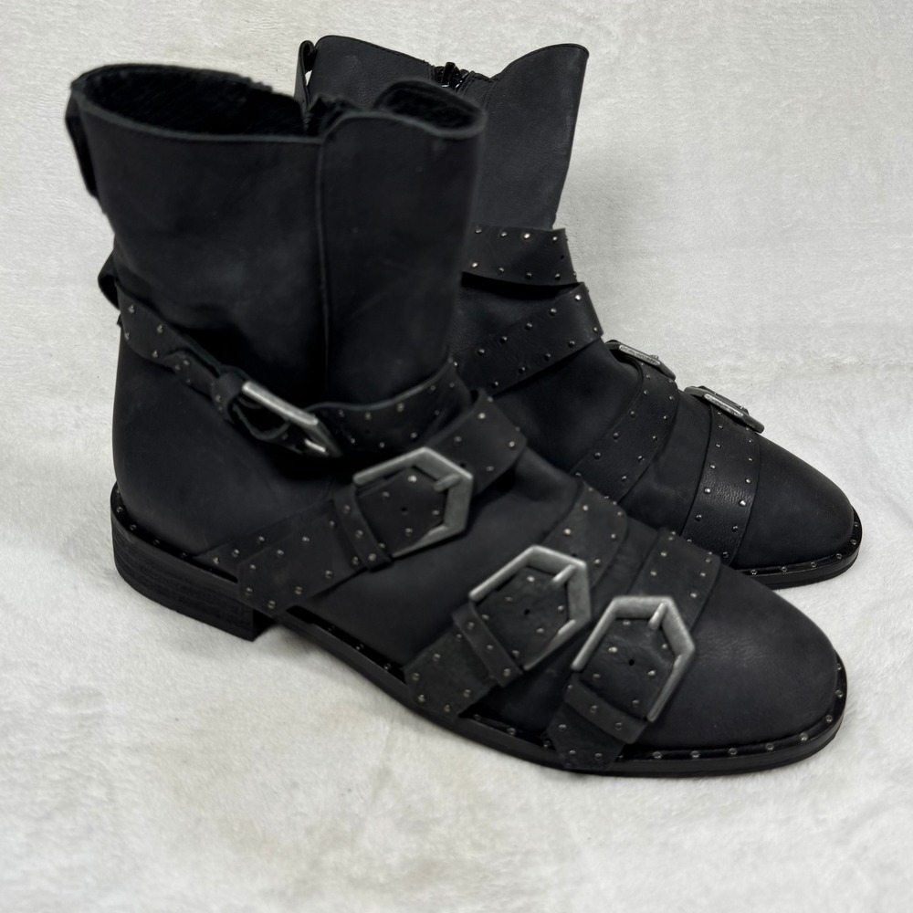 Free People Cyd Buckle Boot Black Leather Studded Moto Ankle Boots Spain 36